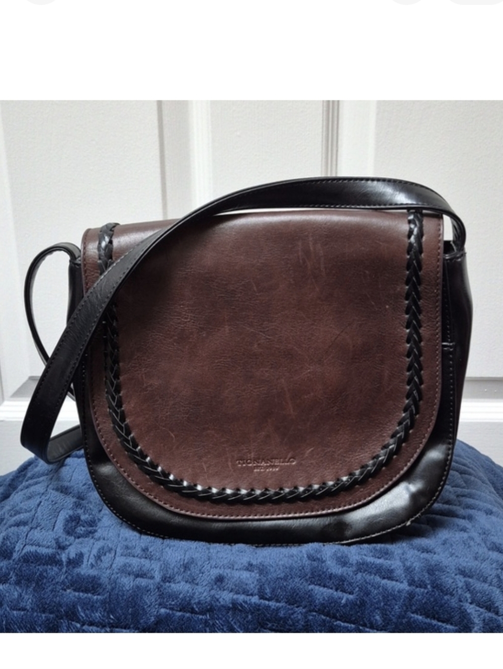 Tignanello Leather Black & Brown Crossbody Saddle Bag, EUC!